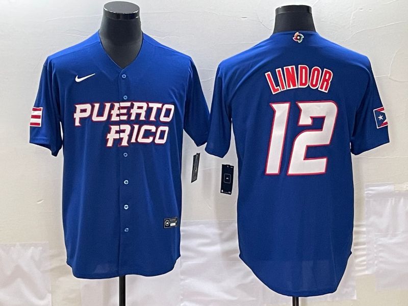 Men 2023 World Cub Puerto Rico #12 Lindor Blue Nike MLB Jersey6->more jerseys->MLB Jersey